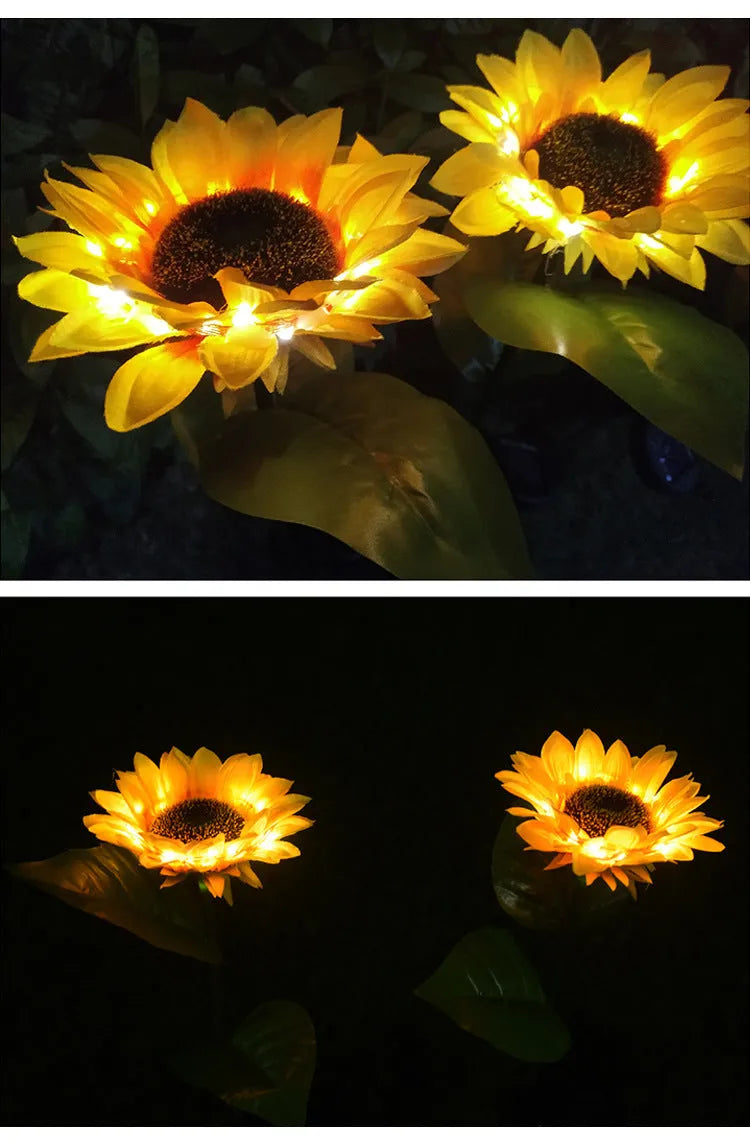 Set of LED solar sunflower garden lights with yellow Bujuan flower heads and stainless steel stems placed along a pathway