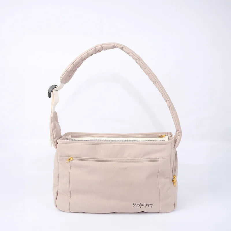 Large capacity soft surface messenger pet carrier bag in beige, 42x19x26.5cm, made from polyester spandex