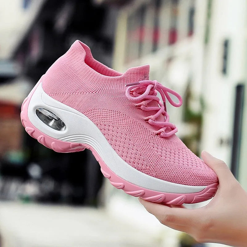 Women's PU sole trainers with 3-5cm middle heel and round toe, shown in one of eight colour options