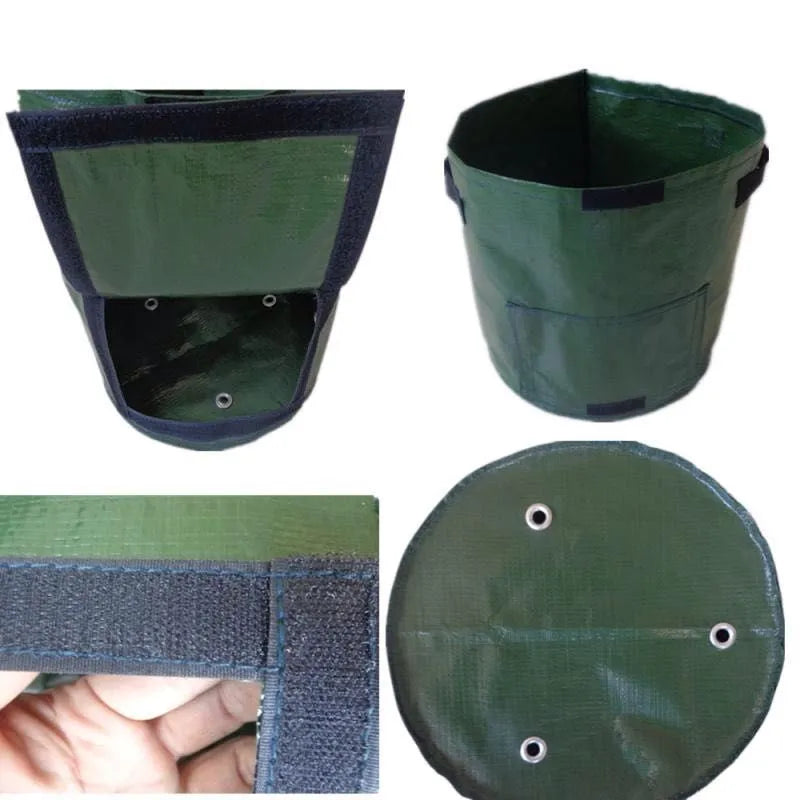 Dark green PE garden planting bag with side windows and double handles on a balcony