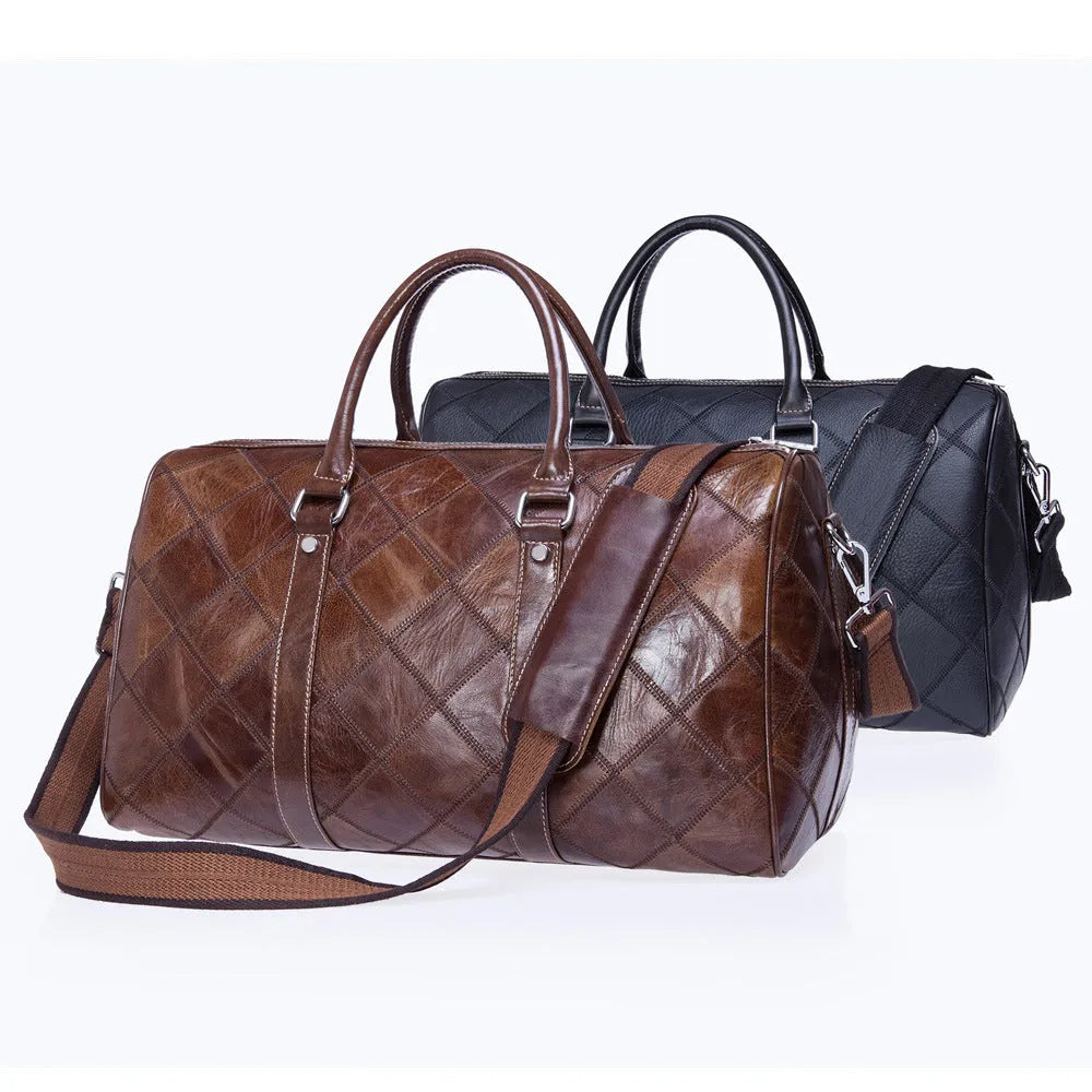 Vintage brown leather men's duffel bag with a single shoulder strap shown open to reveal internal organiser pockets.