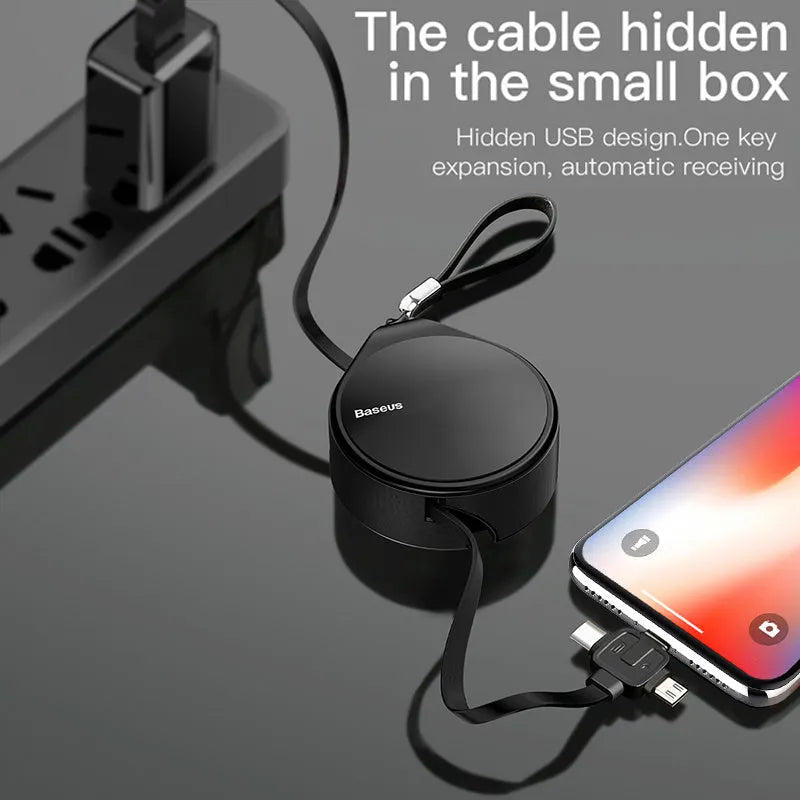 Black telescopic three-in-one fast charging data cable extended to 1 metre, showing Micro-USB, Lightning, and Type-C connectors.