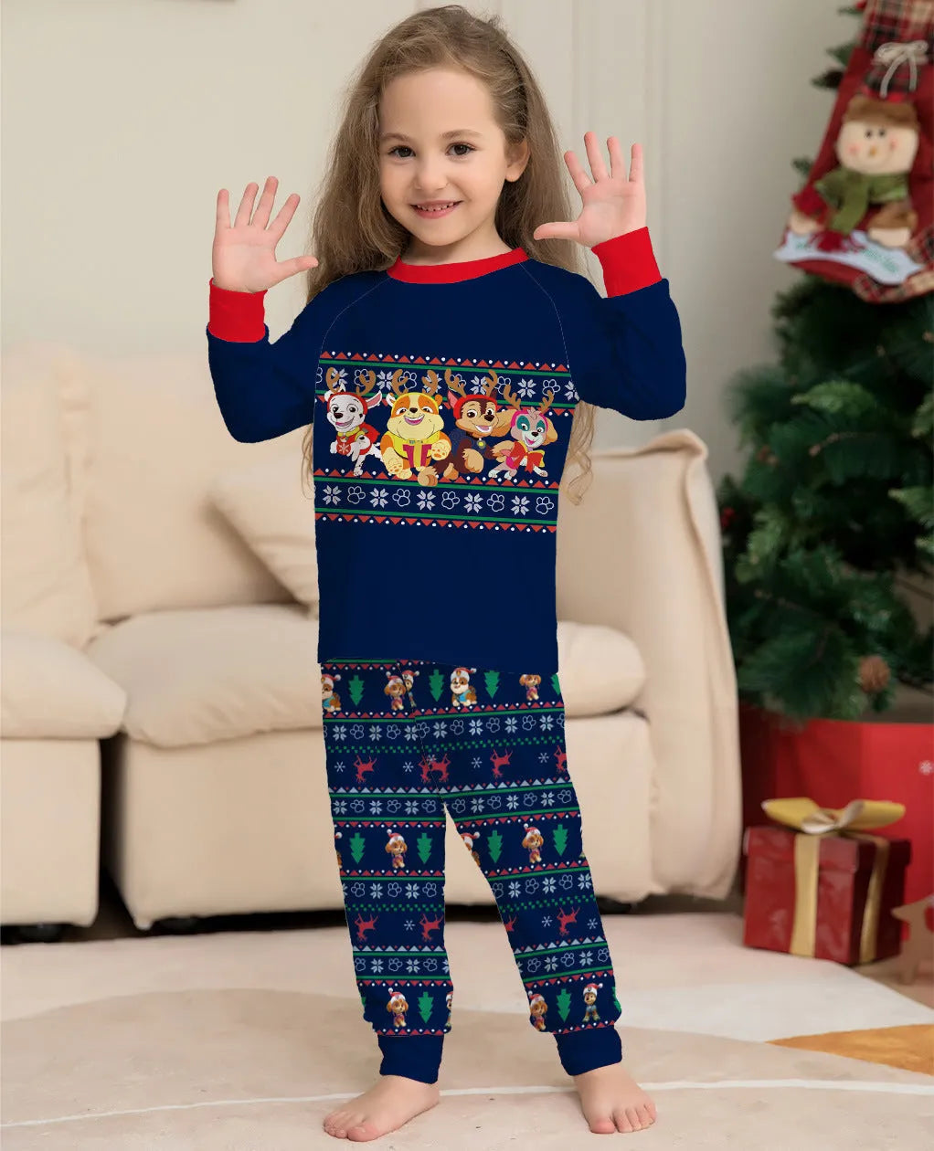 Red plaid Christmas pyjamas with deer print for matching family wear including adult, child, baby, and dog sizes