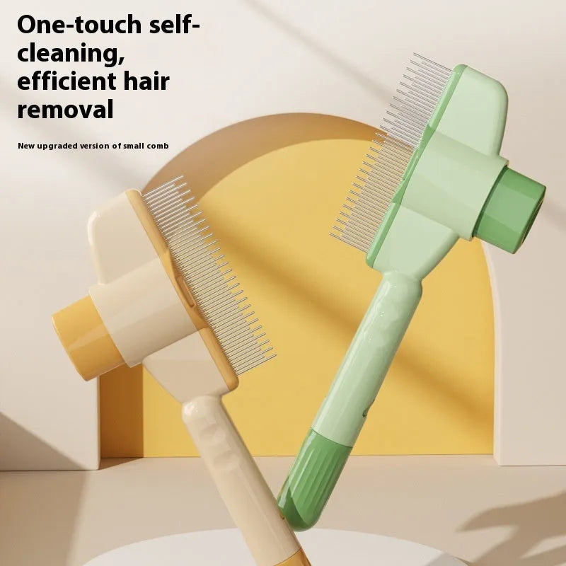 Yellow and green self-cleaning pet combs with stainless steel teeth and release buttons for dog and cat grooming