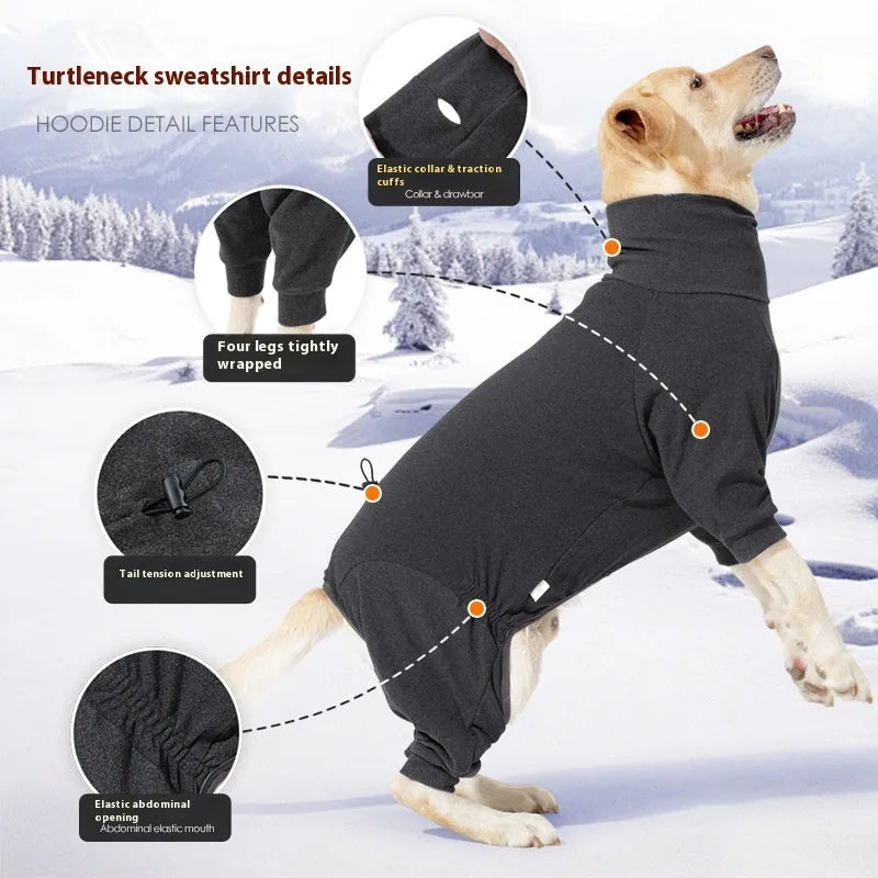 Dark grey polar fleece dog clothes with high collar and four-legged design for winter warmth