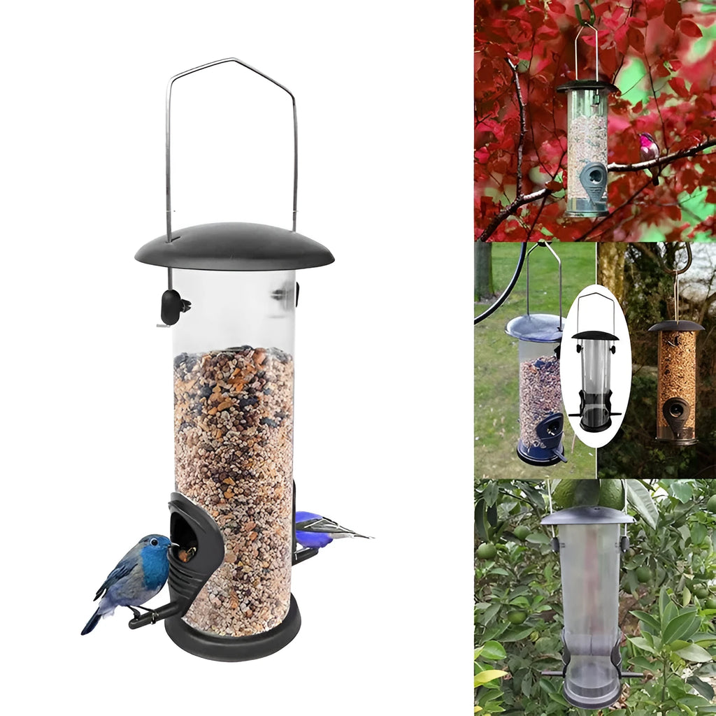 Black hanging bird feeder with transparent case, metal top and bottom, side feeding holes, and top hanging ring, 21.5x11x13cm