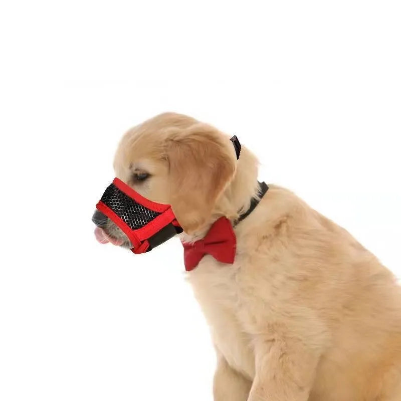 Breathable mesh dog muzzle with nylon straps, plastic fittings, and metal, shown in black, red, green, or pink, sizes XS to XXL