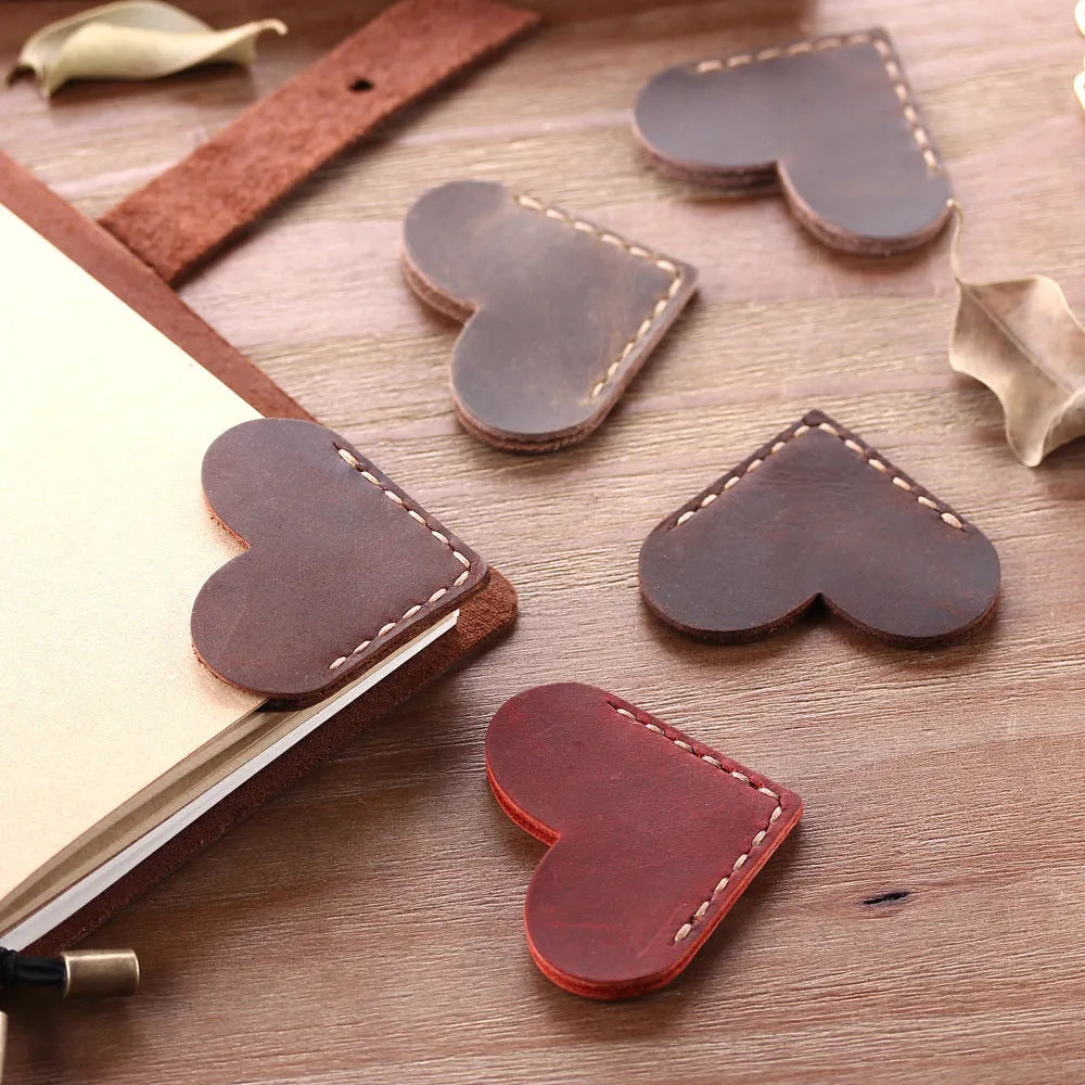 Heart-shaped leather bookmark in brown, handmade from first layer cowhide, 5x5 cm