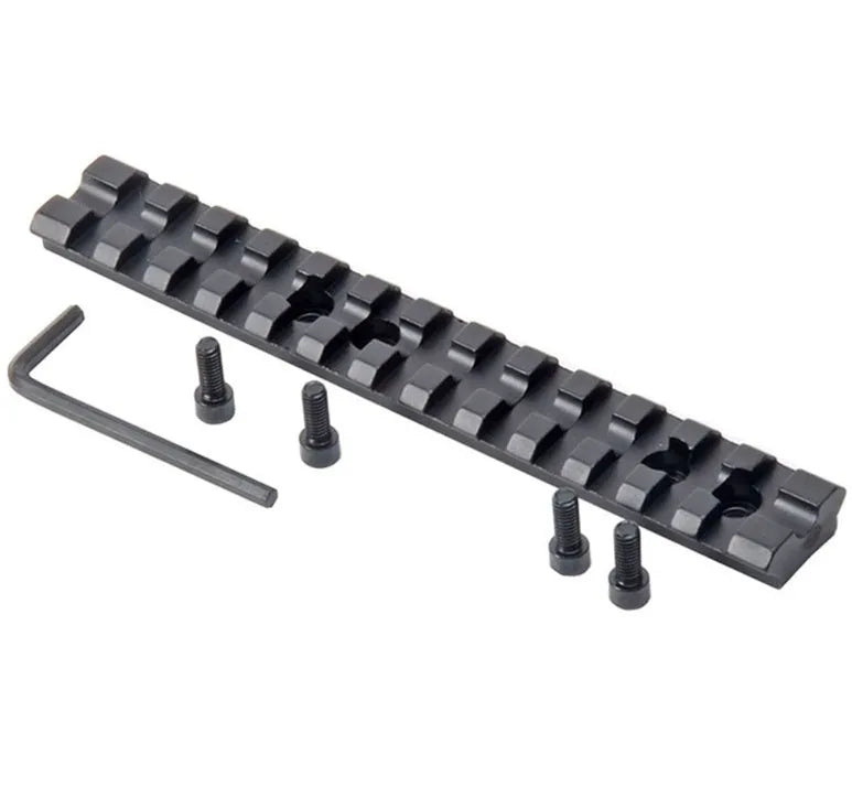Black aluminium shotgun scope mount with 13-slot Weaver/Picatinny rail measuring 140mm length