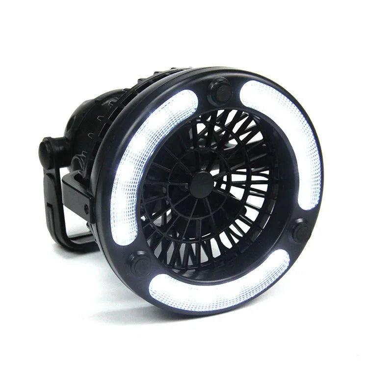 Multifunctional 18LED camping fan light in black, ABS construction, portable size 167 by 184 mm