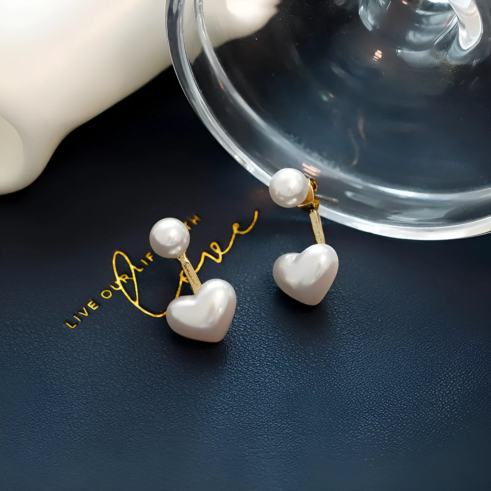 Korean style heart-shaped pearl stud earrings with alloy setting and inlaid gemstones