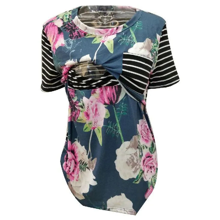 Summer striped breastfeeding top for pregnant women, slim fit, short sleeves, round collar, in green colour