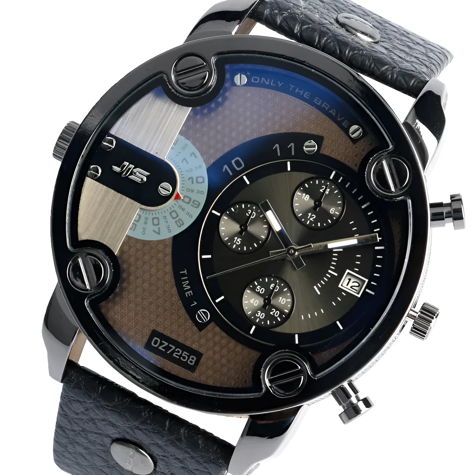 Modern large round watch with 43mm dial, black leather strap, and date window on a white background