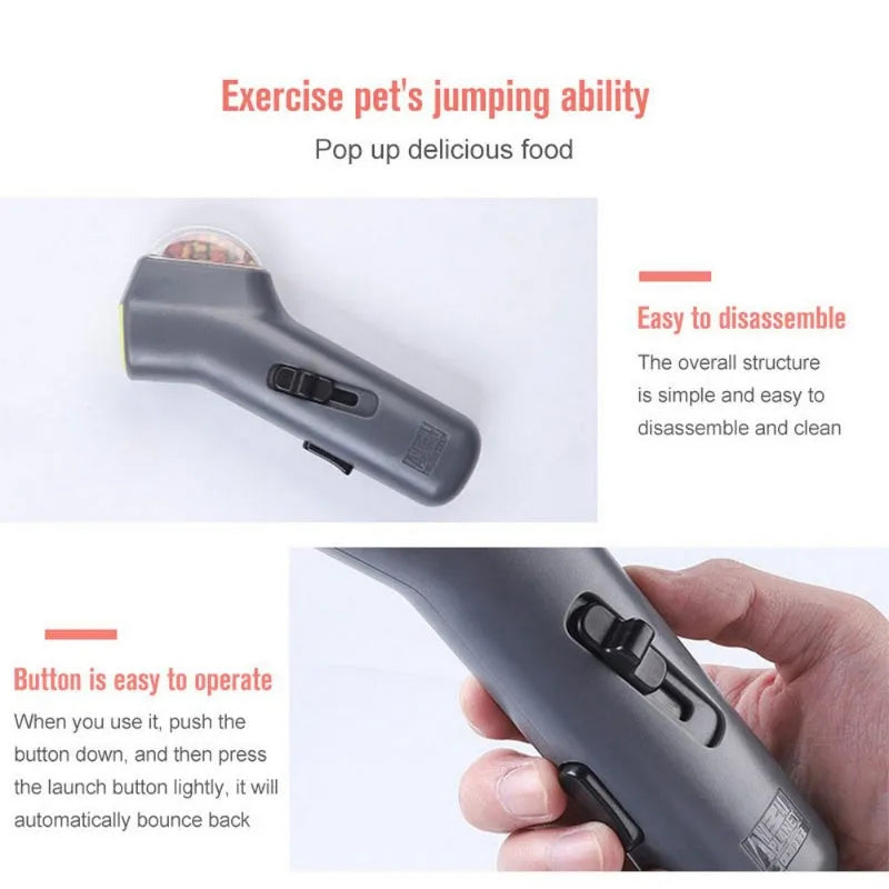 Grey plastic dog treat catapult launcher toy with spring trigger mechanism