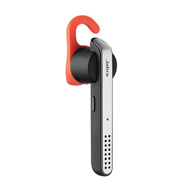 A black or silvery behind-the-ear Bluetooth earphone headset showing its over-the-ear hook design.