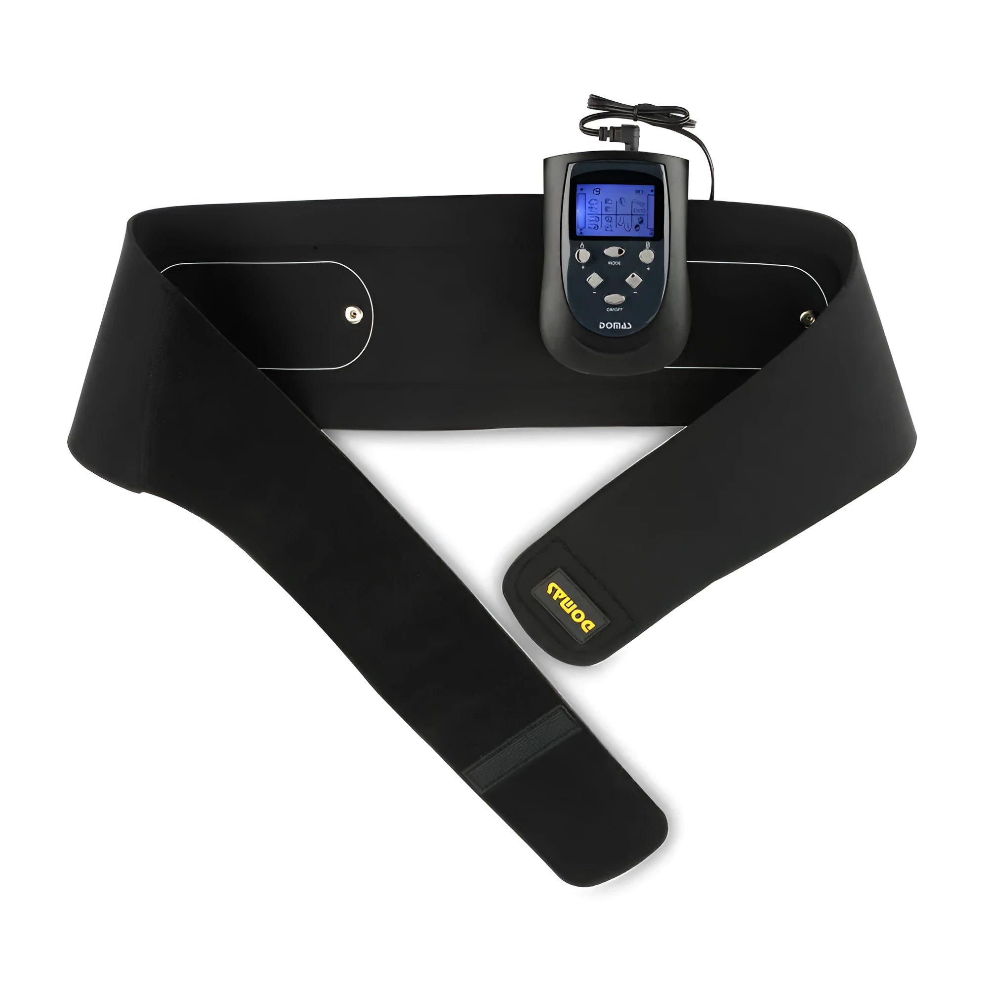 Black battery-powered electronic massager with mechanical controls for abdomen and back treatment