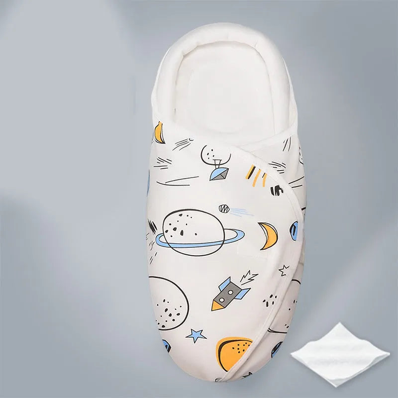Pure cotton anti-startle baby swaddle in a 30x60 cm size showing one of eight print designs like Dinosaur or Starry Sky.