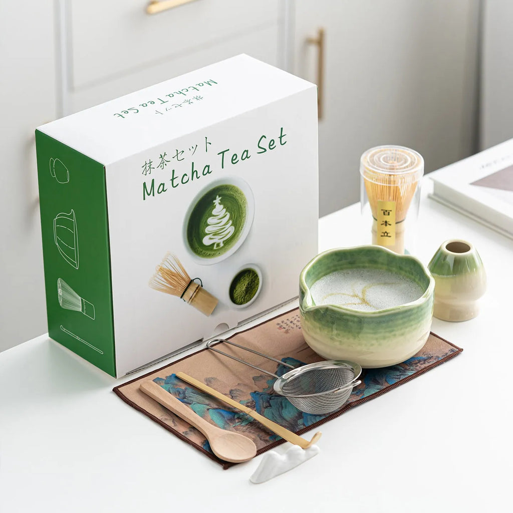 8-piece ceramic matcha bowl tea set with flower mouth bowl, Japanese style, 25 x 22 x 10.3 cm