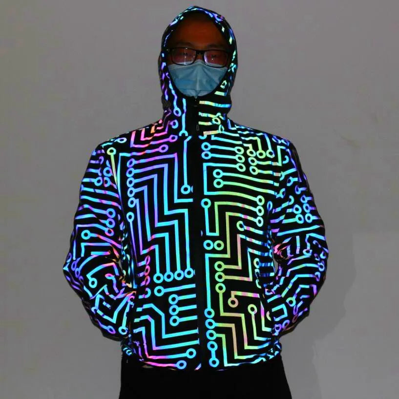 Black hooded reflective jacket for dance, polyester fabric, straight hem, front view on model