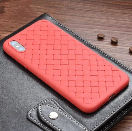 Black grid weave patterned TPU phone case for iPhone showing raised screen edge and precise camera cutout.