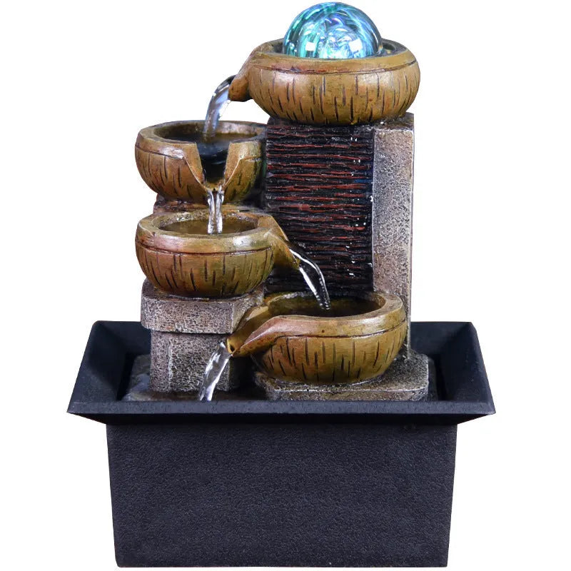 European desktop fountain with running water, crystal ball and carved environmental resin and stone powder body