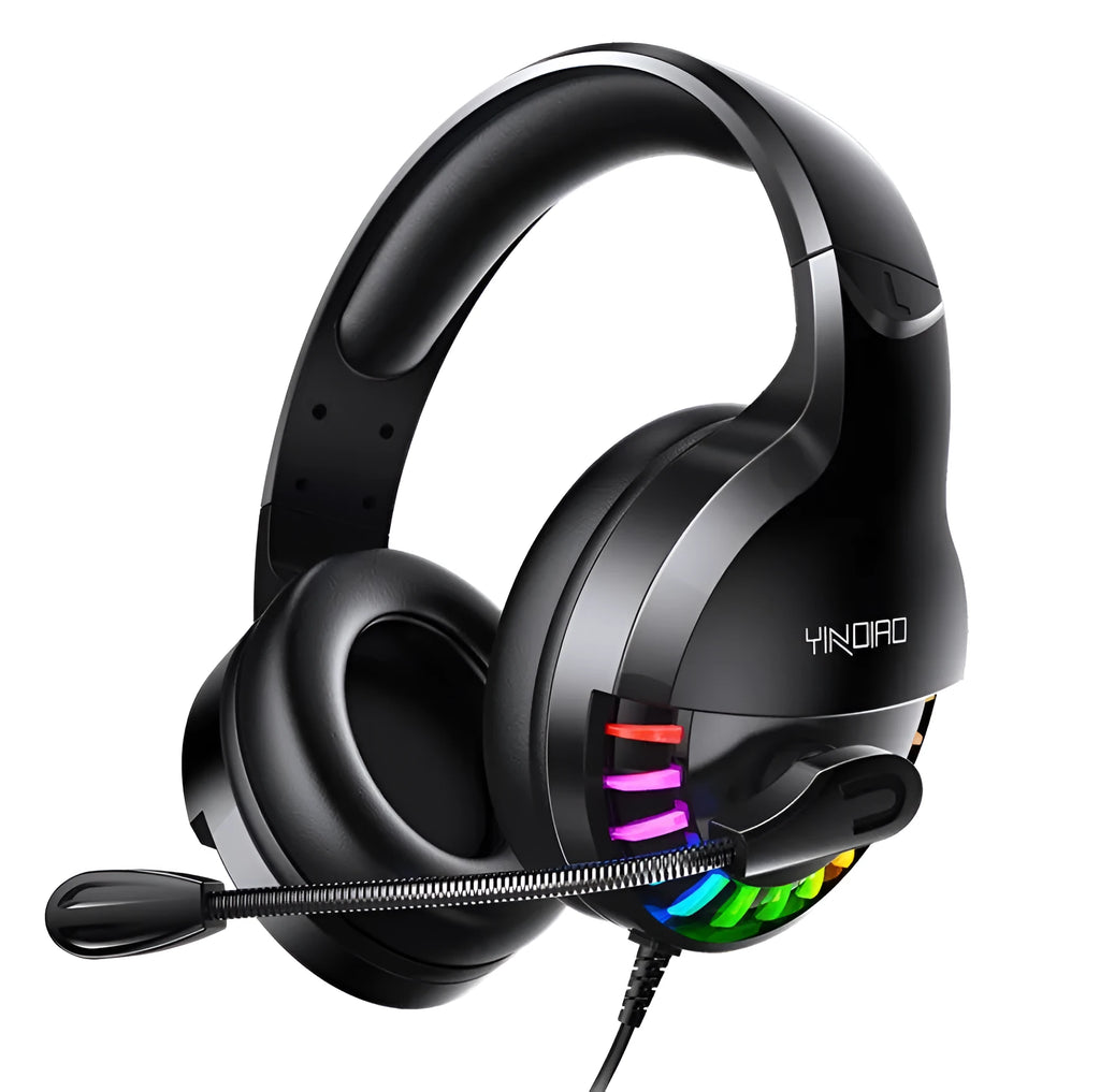 Black wired gaming headset with microphone and sound card line control featuring 3.5mm plug