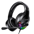 Black wired gaming headset with microphone and sound card line control featuring 3.5mm plug