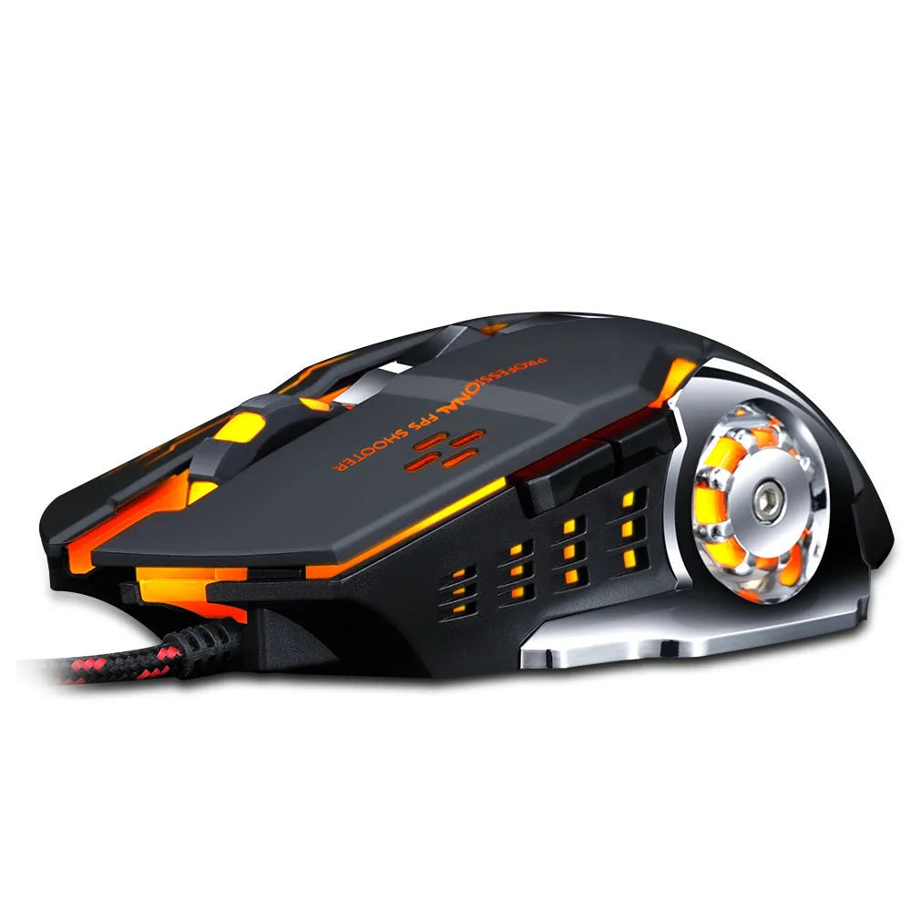 Wired gaming mouse with 1600dpi optical sensor, six buttons, touch wheel, and 1.2m USB cable in black.