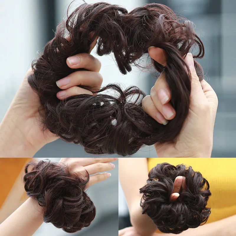 Wig hair circle synthetic hair band with adjustable elastic, heat resistant, in Jet Black or Auburn, for buns and ponytails.
