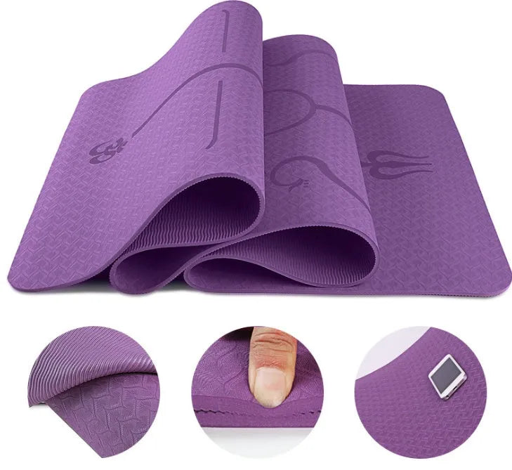 TPE yoga mat 6mm thick with body position line in bamboo blue, non-slip fitness mat for exercise