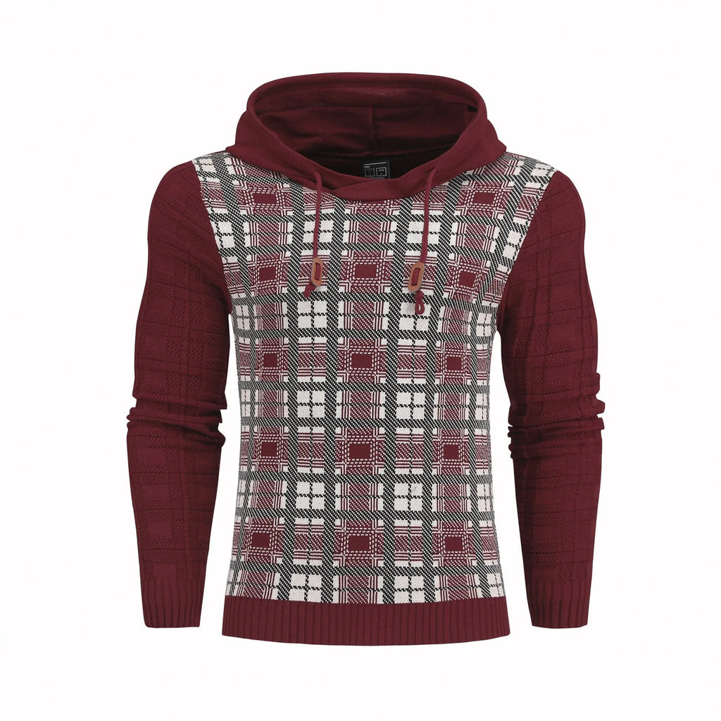 Men's retro sports hoodie with grid pattern in grey, front view, full-length sleeves, hooded collar, standard thickness