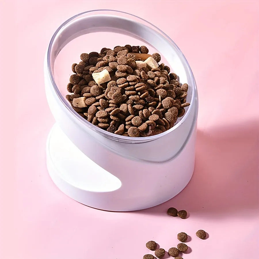 White elevated plastic cat feeder bowl with a tilted design for anti-vomit feeding.