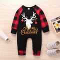 Red plaid Christmas romper with elk design for baby, long sleeves, cotton fabric, available in sizes 70cm to 100cm