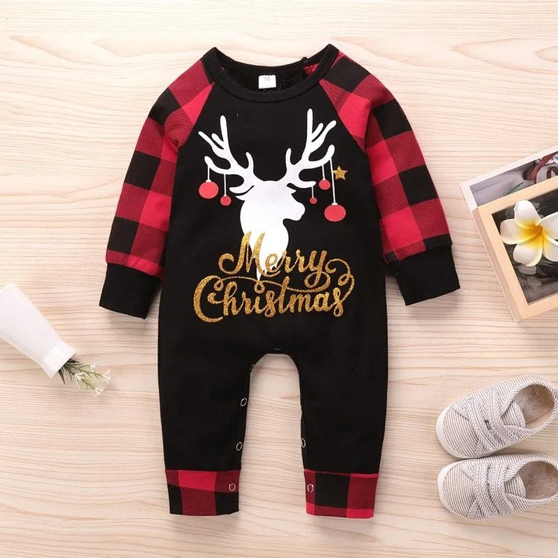 Red plaid Christmas romper with elk design for baby, long sleeves, cotton fabric, available in sizes 70cm to 100cm