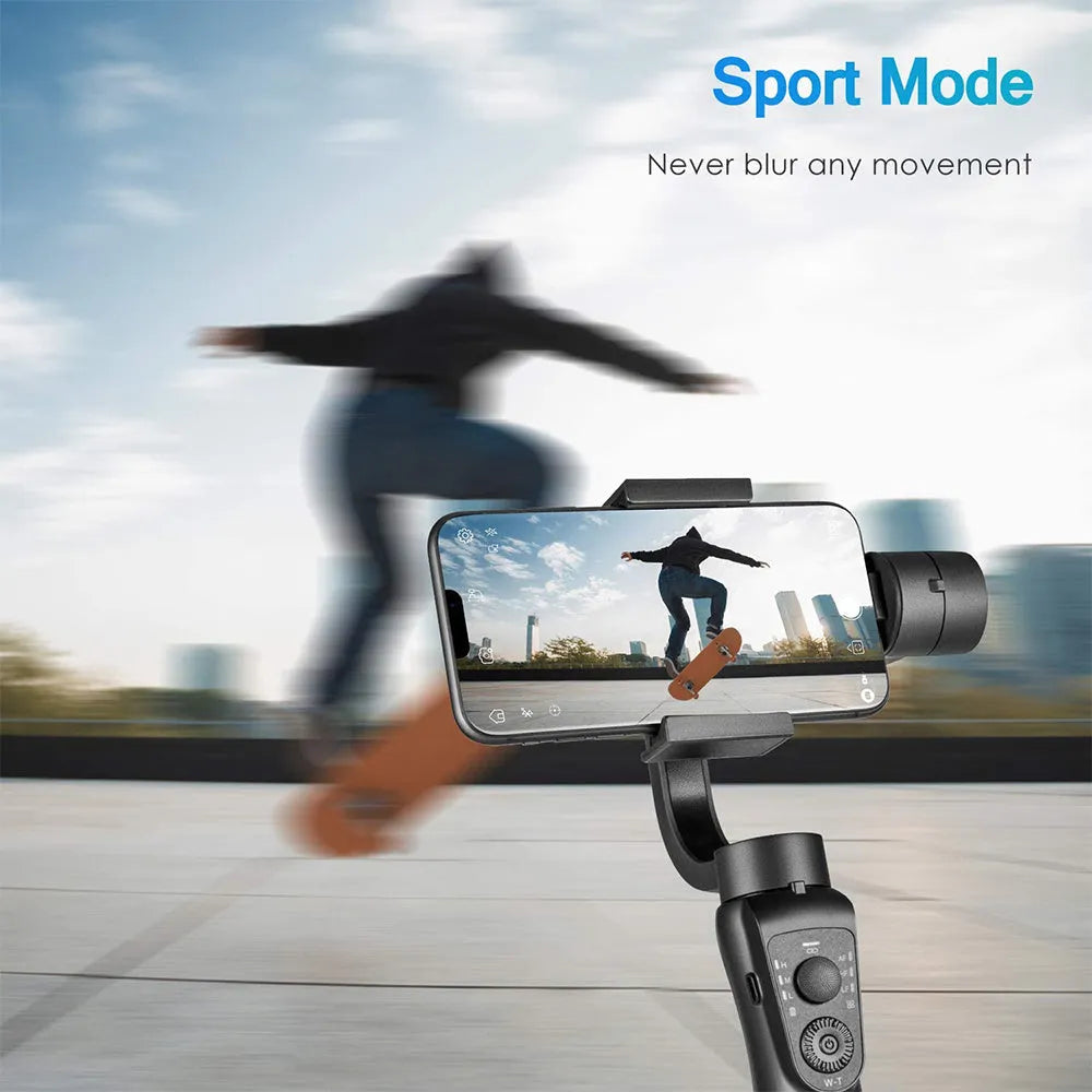 Black three-axis handheld gimbal stabiliser for mobile phone with ABS+PC handle