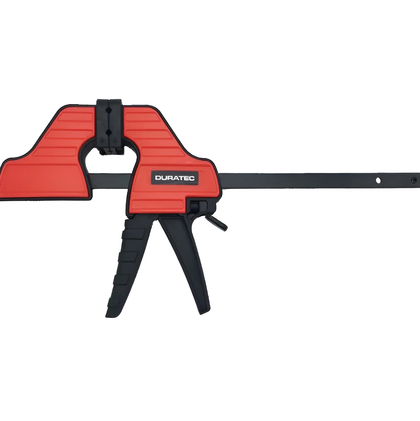 Black plastic woodworking toggle clamp with quick-release mechanism and soft rubber protective pads