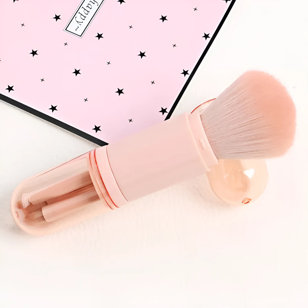 4-in-1 retractable makeup brush set with man-made fibre bristles and plastic handles in skin colour
