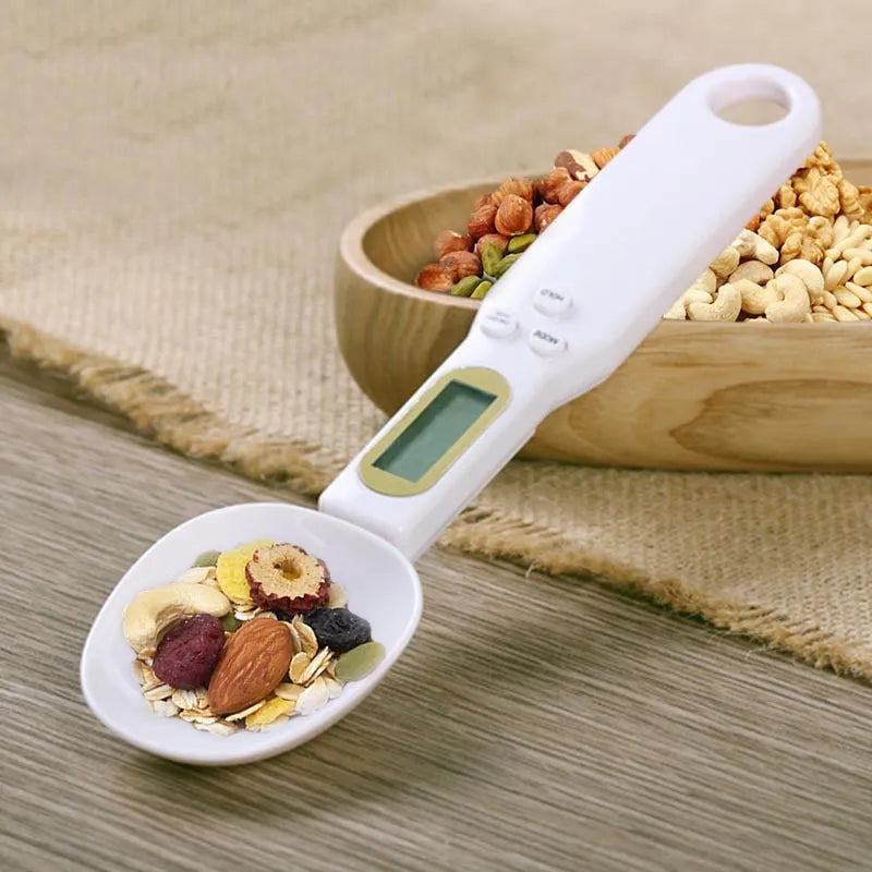 Digital kitchen spoon scale with LCD display showing weight measurement