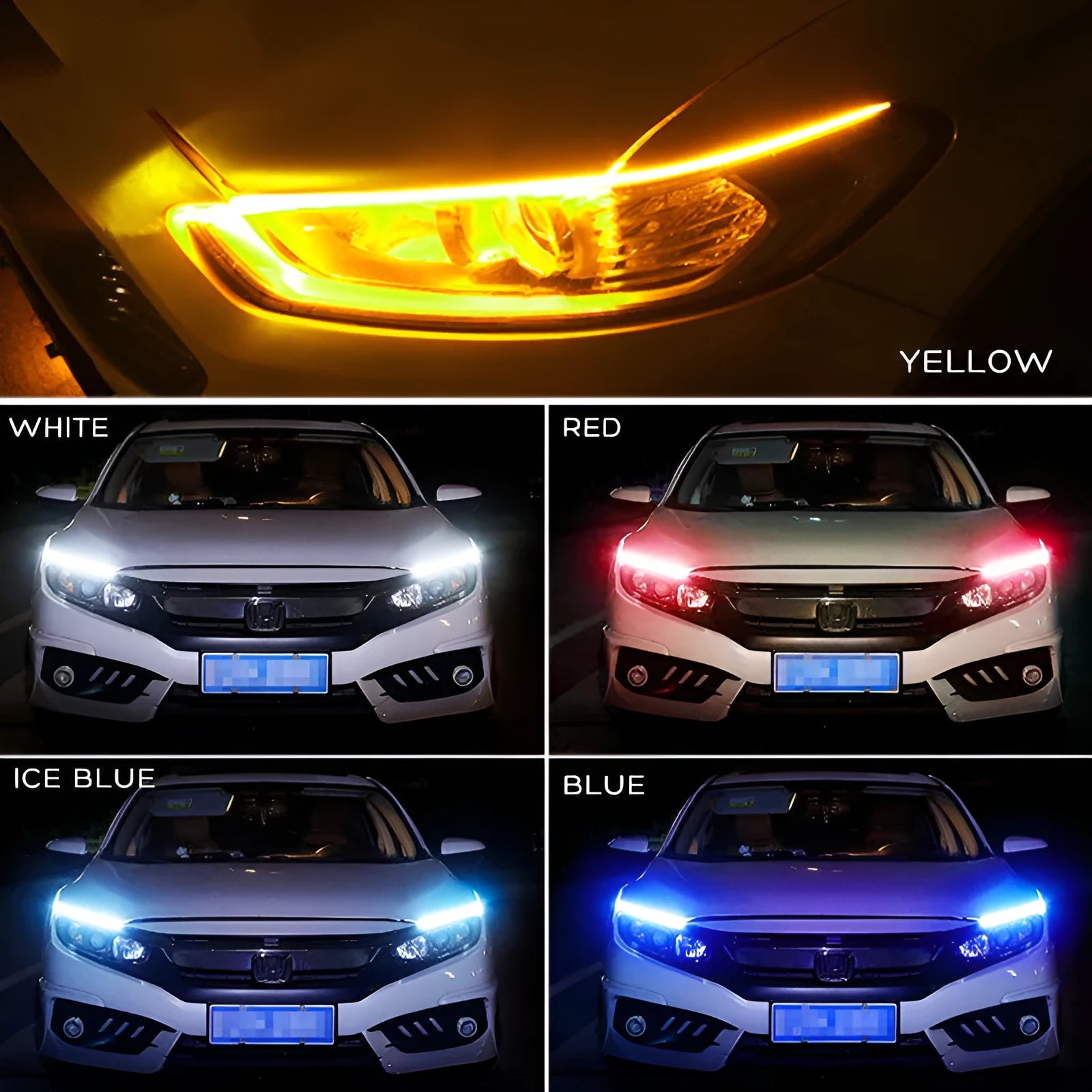 Silicone waterproof car LED light strip showing flowing turn signal effect in blue colour
