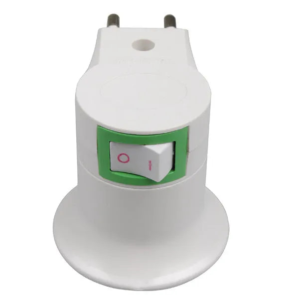White wall plug-in E27 screw lamp holder adapter with a prominent on/off switch on the side.