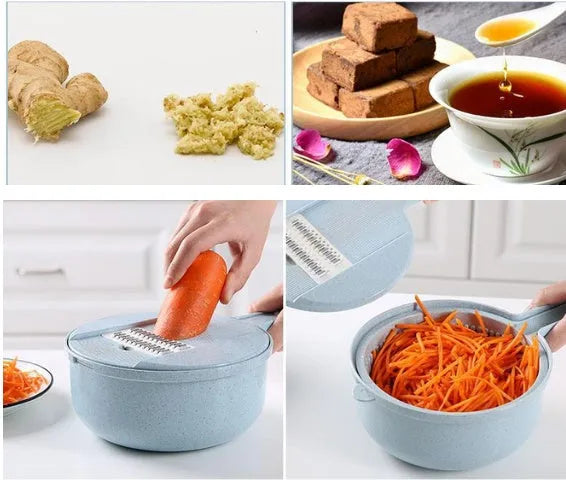 8 In 1 Mandoline Slicer vegetable slicer with stainless steel blades, strainer, and hand guard in blue