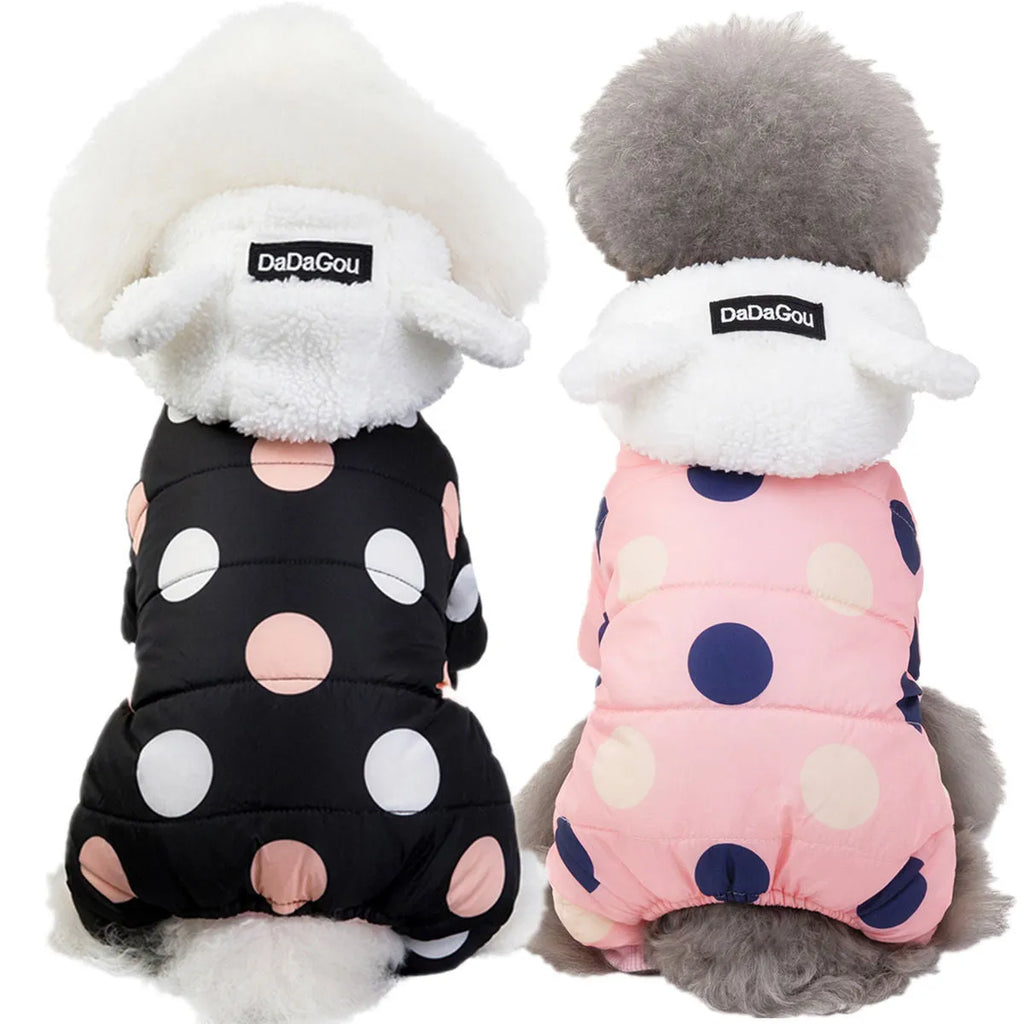 Warm big polka dot four-leg cotton pet coat in black, light yellow, or pink, sizes S to XXL