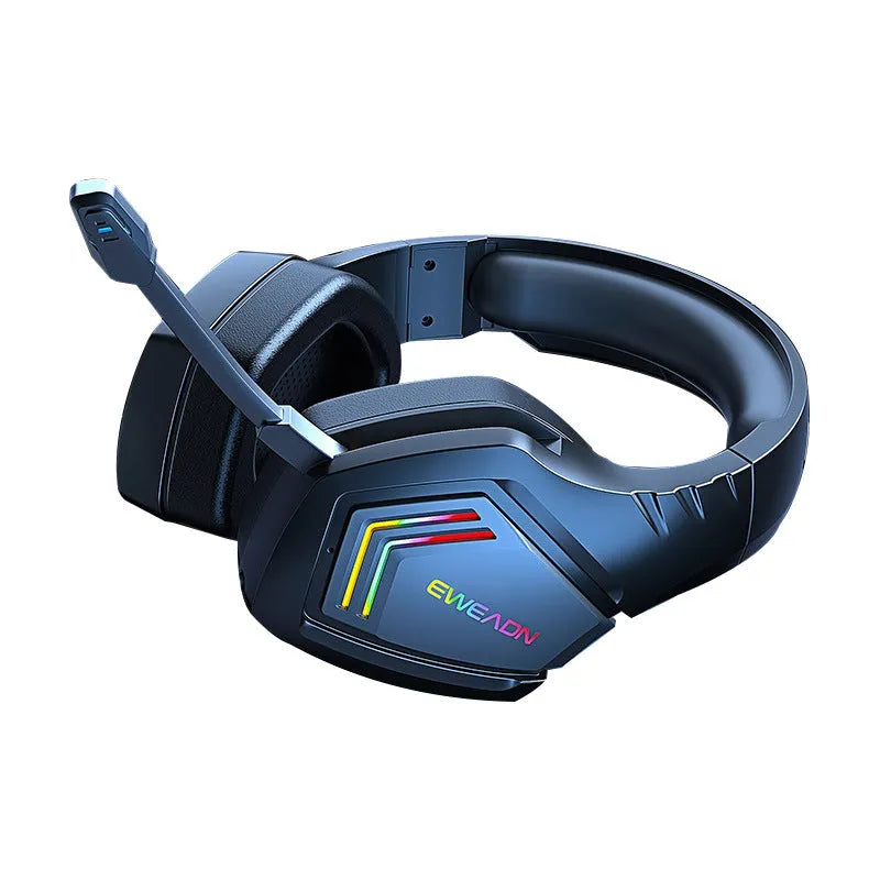 Black RGB wireless Bluetooth headset with noise reduction on a head model.