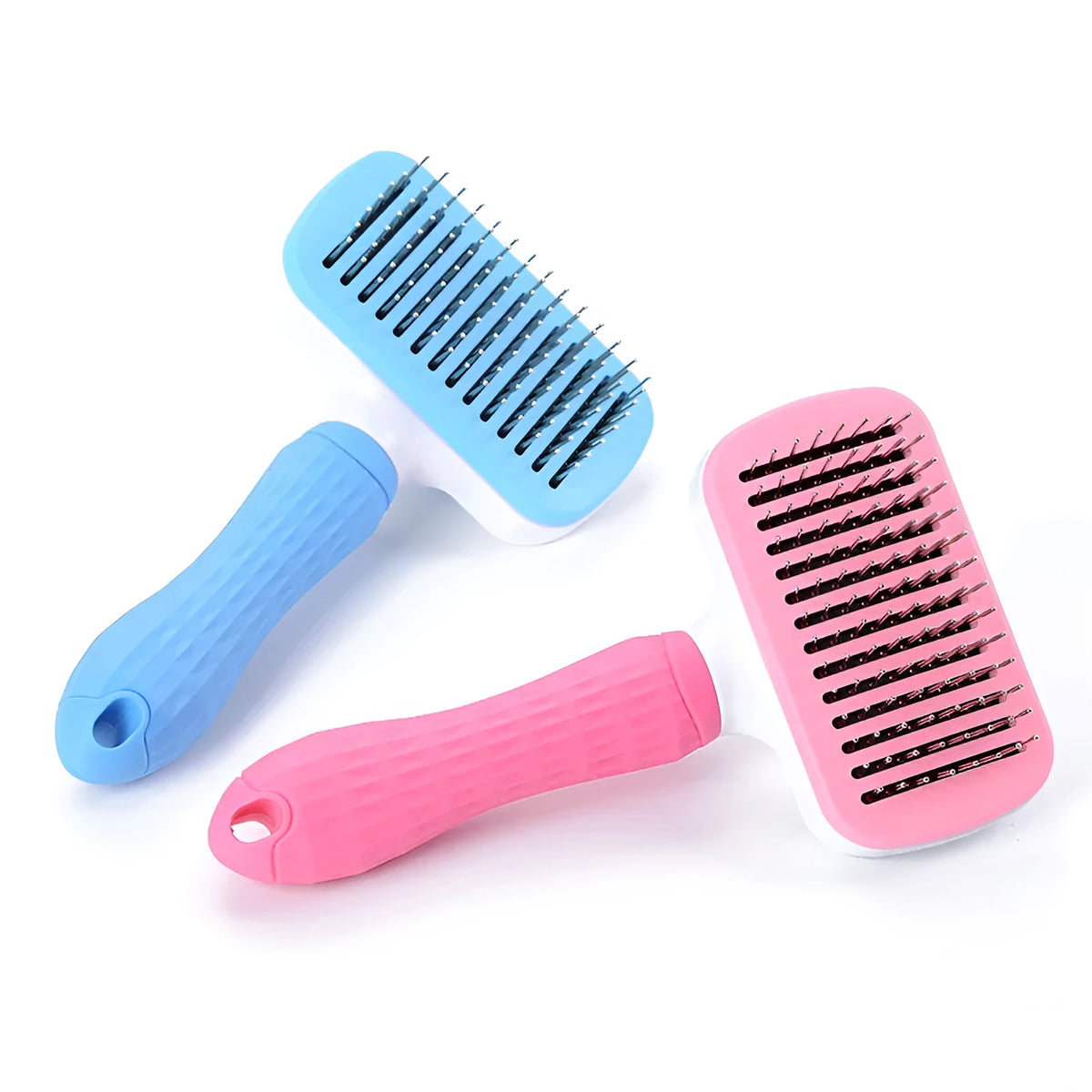 Self-cleaning pet comb with thick steel needles, ABS/TPR body, 18.5cm x 10cm, blue or pink, for cats and dogs.