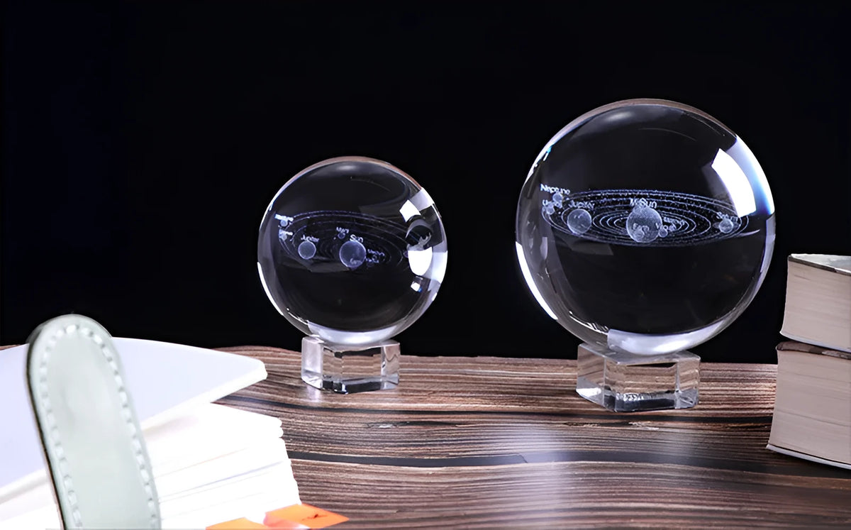 Solar system crystal ball in K9 crystal, 60mm to 100mm, with optional Pluto and base styles
