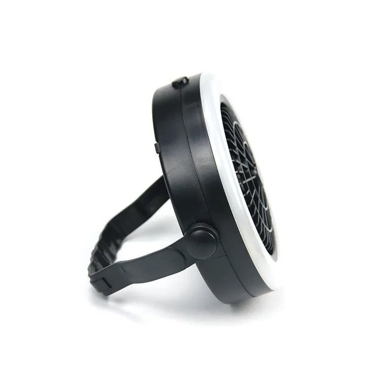 Black multi-function waterproof camping fan light with LED lamp and fan blades, compact 20x20x6.3cm portable design