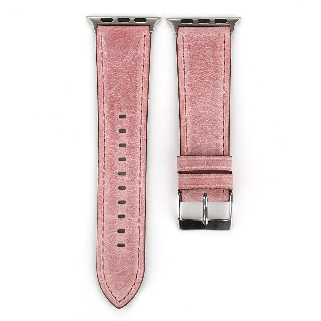 Genuine leather watch strap with a folding buckle in various colours on a grey background.