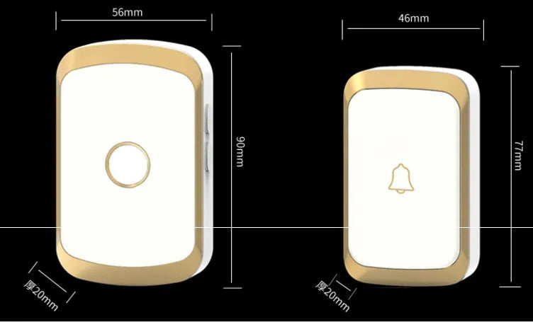 Wireless doorbell system with plug-in receiver and push button transmitter showing colour options