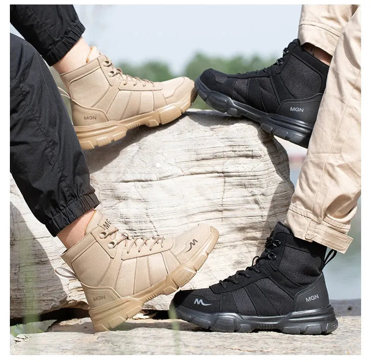 Steel toe anti-smash anti-puncture high top safety shoes in beige and black on white background