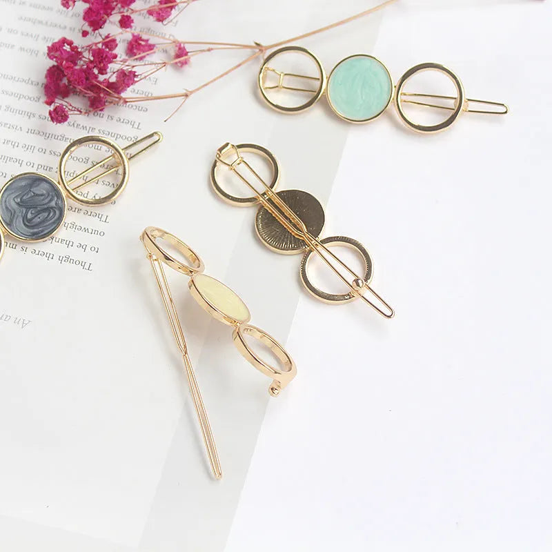 Round metal hairpin with opal crystal, 7cm, alloy silver plating, geometric design
